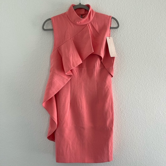 KEEPSAKE x ANTHROPOLOGIE | Landslide Ruffle Fitted Mini Dress in Coral | Size S - Picture 3 of 14